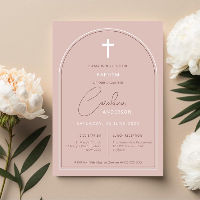 Invitation Baptême minimaliste simple arc rose (Créateur téléchargé)