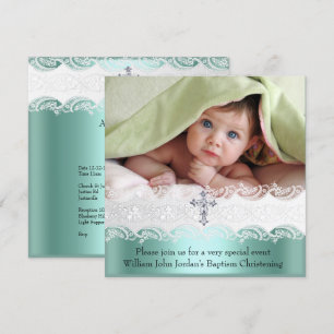Invitation Baptême Mint Green dentelle photo Bijou Croix garç