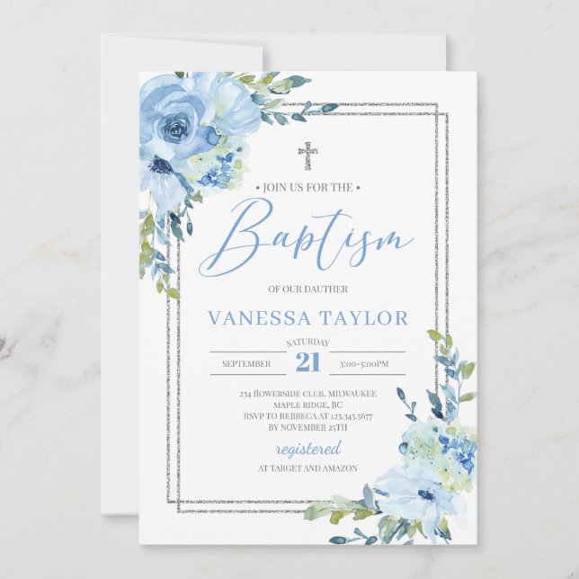Invitation Baptême moderne bleu floral argent cadre boho bapt (Devant)