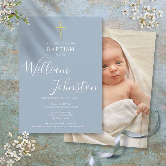 Invitation Baptême moderne Christening Dusty Blue Photo (Modern Baptism Christening Dusty Blue Photo Invitation)