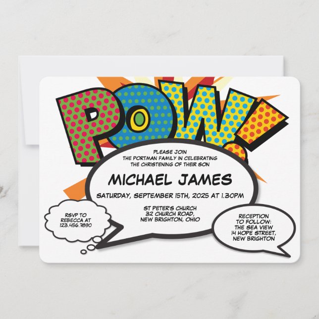 Invitation Baptême moderne Christening Fun Comic Book (Devant)