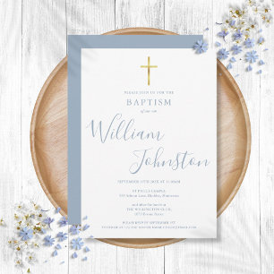 Invitation Baptême moderne Christening Gold Cross Dusty Blue