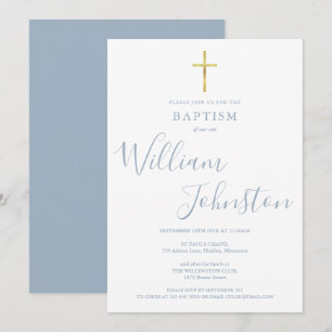 Invitation Baptême moderne Christening Gold Cross Dusty Blue