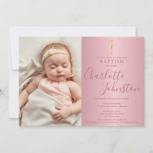 Invitation Baptême Moderne Christening Rose Gold Écriture Pho