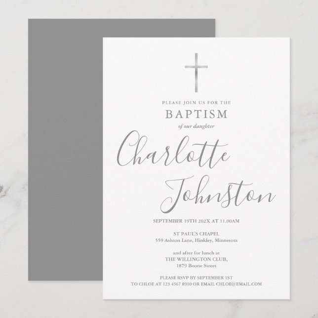Invitation Baptême moderne Christening Signature Argent (Devant / Derrière)