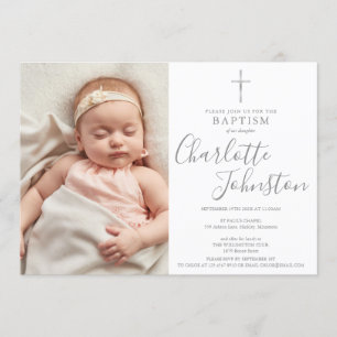 Invitation Baptême moderne Christening Silver Script Photo