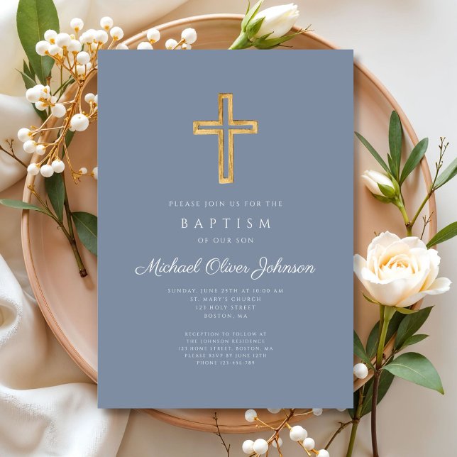 Invitation Baptême moderne Dusty Blue Religion Croix Boy Bapt (Modern Dusty Blue Religious Cross Boy Baptism Invitation)