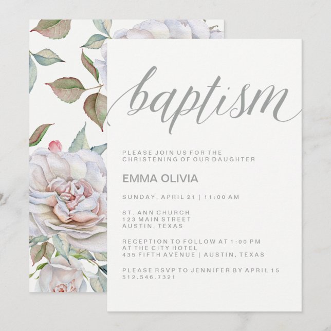 Invitation Baptême moderne et élégant | Délicat retour floral (Devant / Derrière)