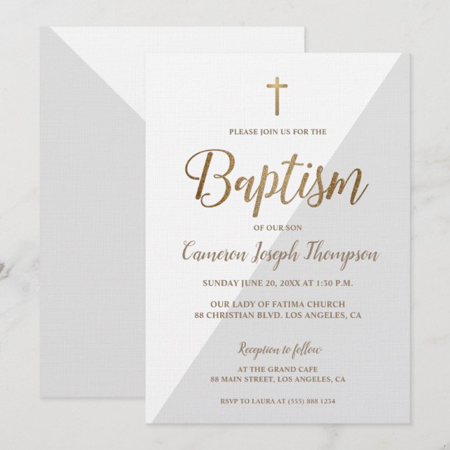 Invitation Baptême moderne gris blanc (Devant / Derrière)