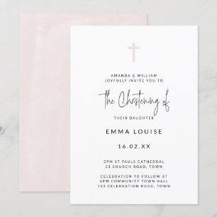 Invitation Baptême Moderne Minimaliste Rose Écriture Aquarell