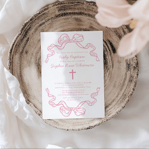 Invitation Baptême Moderne Prépa Ruban Gingham Rose