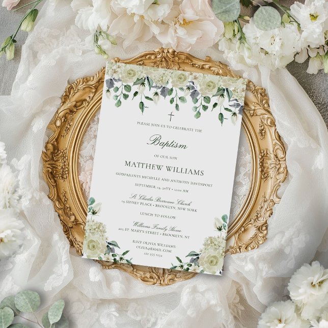 Invitation Baptême Neutre Élégante Florale Blanche (This elegant, white floral baptism invitation can be used for a baby boy or baby girl)