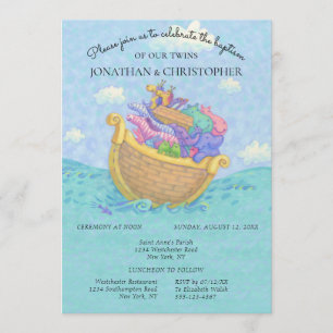 Invitation Baptême Noé's Ark Twins Baby Animals Bleu