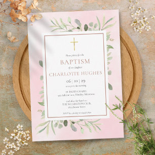 Invitation Baptême Ondine Aquarelle Verdure Or Rose