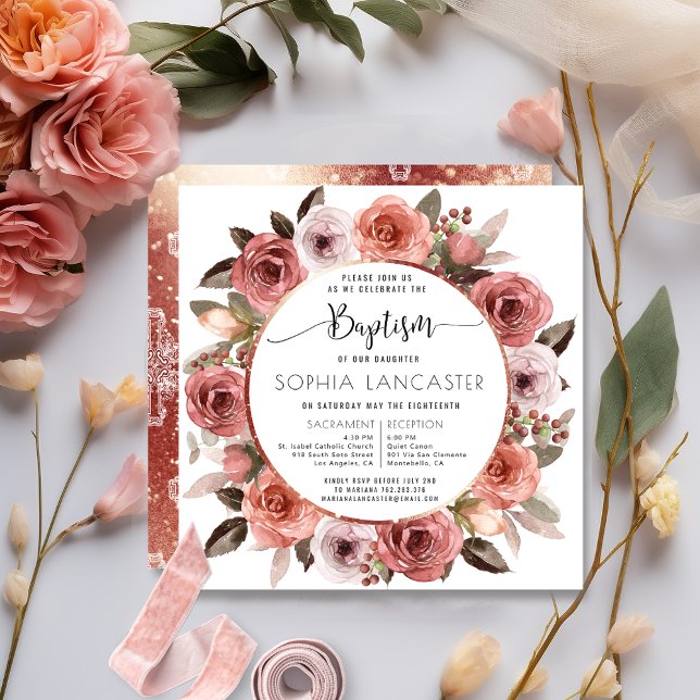 Invitation Baptême, or Rose Floral (Créateur téléchargé)