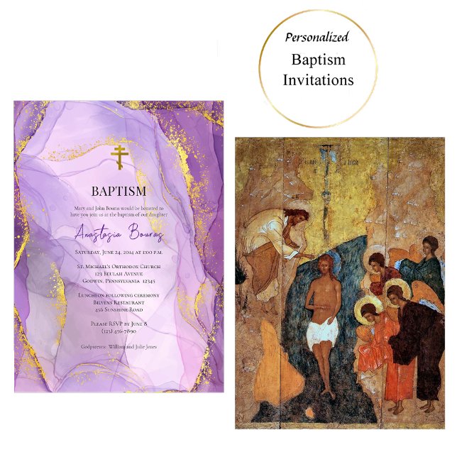 Invitation Baptême orthodoxe de marbre doré violet Lilac (Créateur téléchargé)