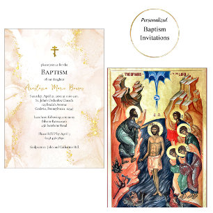 Invitation Baptême orthodoxe pêche et or