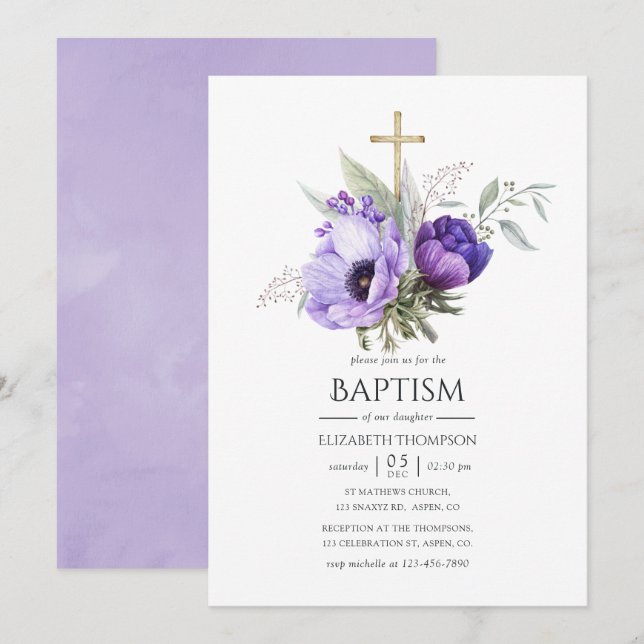 Invitation Baptême ou baptême à thème floral Lilac (Devant / Derrière)