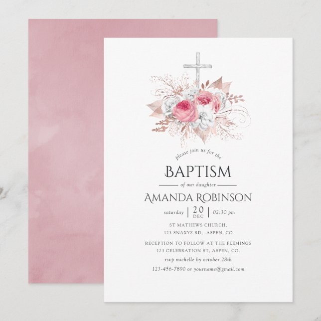Invitation Baptême ou baptême floral d'or bleu et Rose (Devant / Derrière)