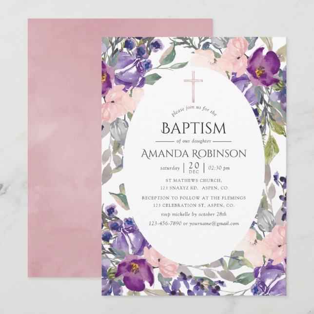 Invitation Baptême ou baptême floral prune et rose pâle (Devant / Derrière)