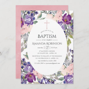 Invitation Baptême ou baptême floral prune et rose pâle