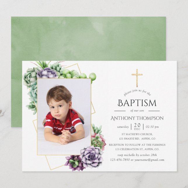 Invitation Baptême ou baptême géométrique Succulent (Devant / Derrière)