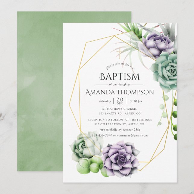 Invitation Baptême ou baptême géométrique Succulent (Devant / Derrière)