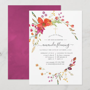Invitation Baptême ou christening à l'aquarelle de fleurs sau