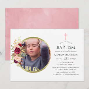 Invitation Baptême ou Christening Burgundy-Marsala et rose