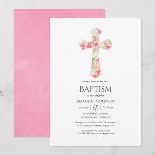 Invitation Baptême ou Christening Floral Aquarelle Rose