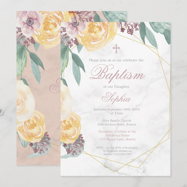 Invitation Baptême ou Christening Floral Géométrique Rose Chi (Devant / Derrière)