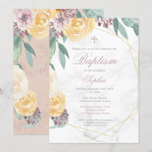 Invitation Baptême ou Christening Floral Géométrique Rose Chi