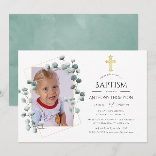 Invitation Baptême ou Christening géométrique Eucalyptus (Devant / Derrière)