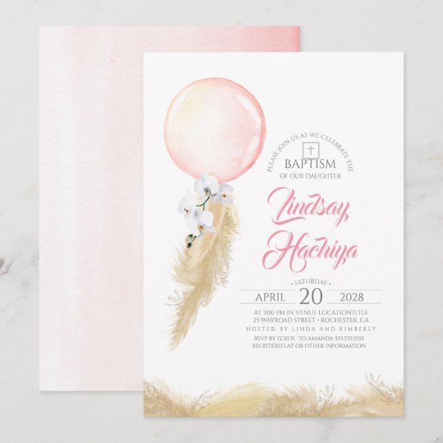 Invitation Baptême Pampas Grass Rose Floral Balloon (Devant / Derrière)