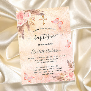 Invitation Baptême pampas herbe fleurs papillon rousse