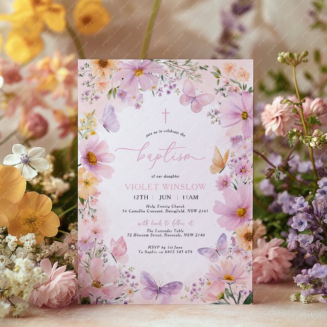 Invitation Baptême papillon Floral rose pourpre fille (Pink Purple Floral Baptism or Christening Invitation with flowers and butterflies.)