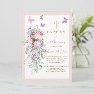 Invitation Baptême papillon rose Premier anniversaire Invitat