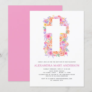 Invitation Baptême Pastel Floral Rose Croix
