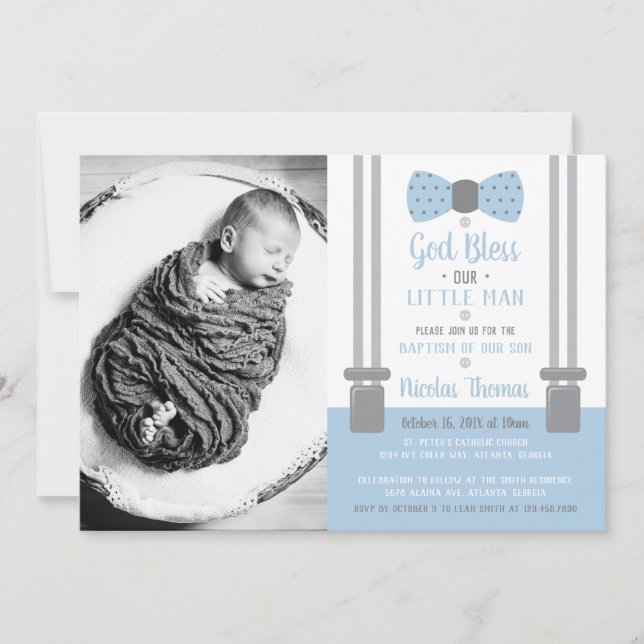 Invitation Baptême Petit Homme, Bleu, Gris (Devant)