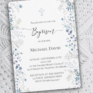 Invitation Baptême petites fleurs aquarelle bleue