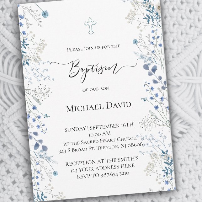 Invitation Baptême petites fleurs aquarelle bleue (Créateur téléchargé)