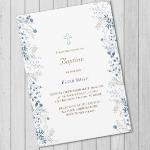 Invitation Baptême petites fleurs d'aquarelle bleue