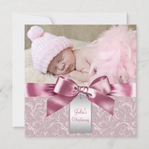 Invitation Baptême Photo Bébé Fille Damassé Rose