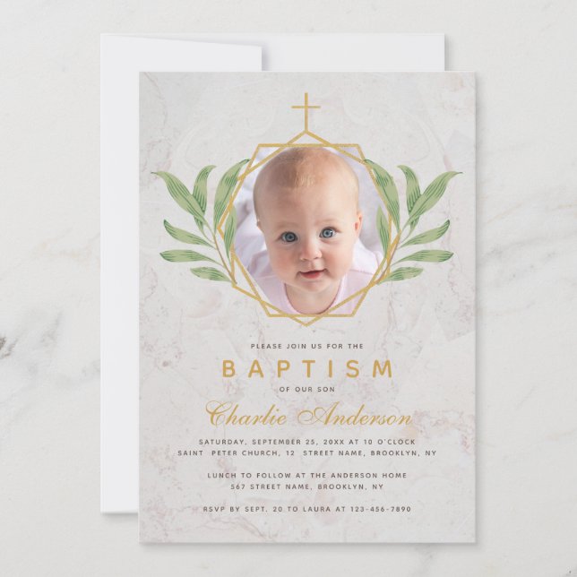 Invitation Baptême Photo Botanique Foliage Feuille géométriqu (Devant)