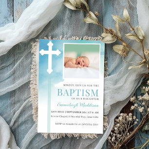 Invitation Baptême Photo Croix Blanche Aquarelle Bleue