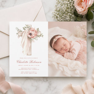 Invitation Baptême photo croix florale rose tendre