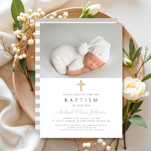 Invitation Baptême Photo Croix Religieuse Rayures Beige Taupe