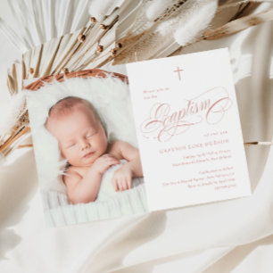 Invitation Baptême photo de filles rose poussiéreux calligrap