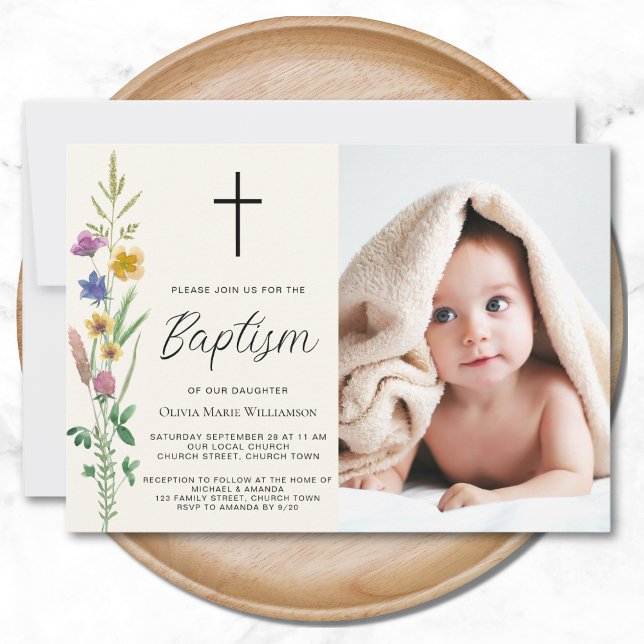 Invitation Baptême photo Fleur sauvage floral (Créateur téléchargé)