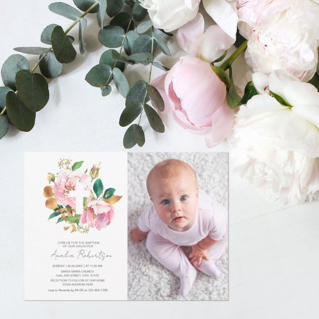 Invitation Baptême Photo Floral Girl Aquarelle (Créateur téléchargé)